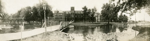 The lake in front of old Baldwin Hall