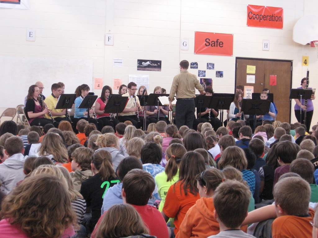 Truman Clarinet Choir performing an outreach concert at Ray Miller Elementary School