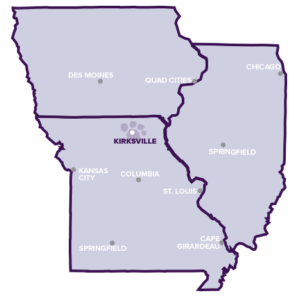 Map of cities near Truman State University in Missouri, Iowa, and Illinois