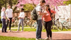 Students stopping to chat on the Truman campus