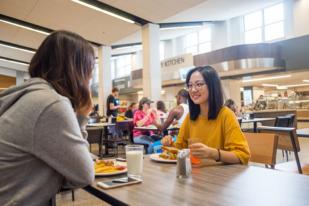 Students having lunch in a dining hall on campus.