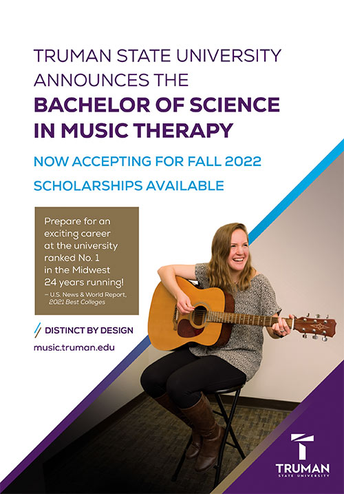 Truman State University announces the bachelor of science in music therapy. Now accepting for fall 2022. Scholarships available. Prepare for an exciting career at the university ranked No. 1 in the Midwest 24 years running - US News and World Report, 2021 Best Colleges.