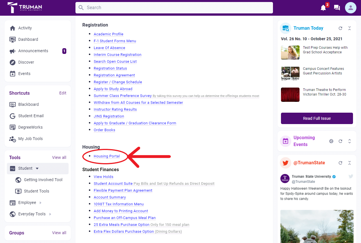 Early Bird registration step 4. Select Housing Portal under Housing.