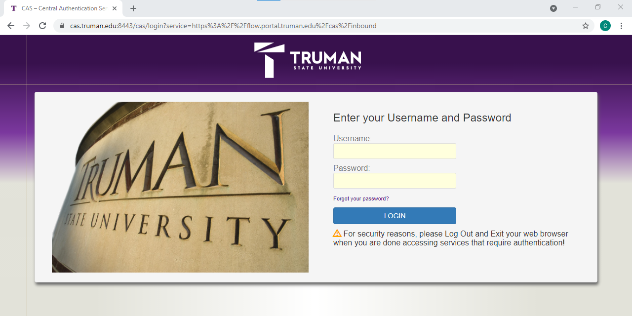Early Bird registration step 1. Log into your Truman Portal account.