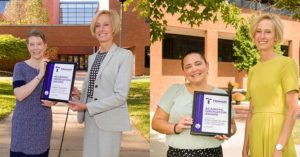 Sarah Mohler and Emily Long Olsen accept their Academic Innovation Awards from Janet Gooch, executive vice president for academic affairs and provost.